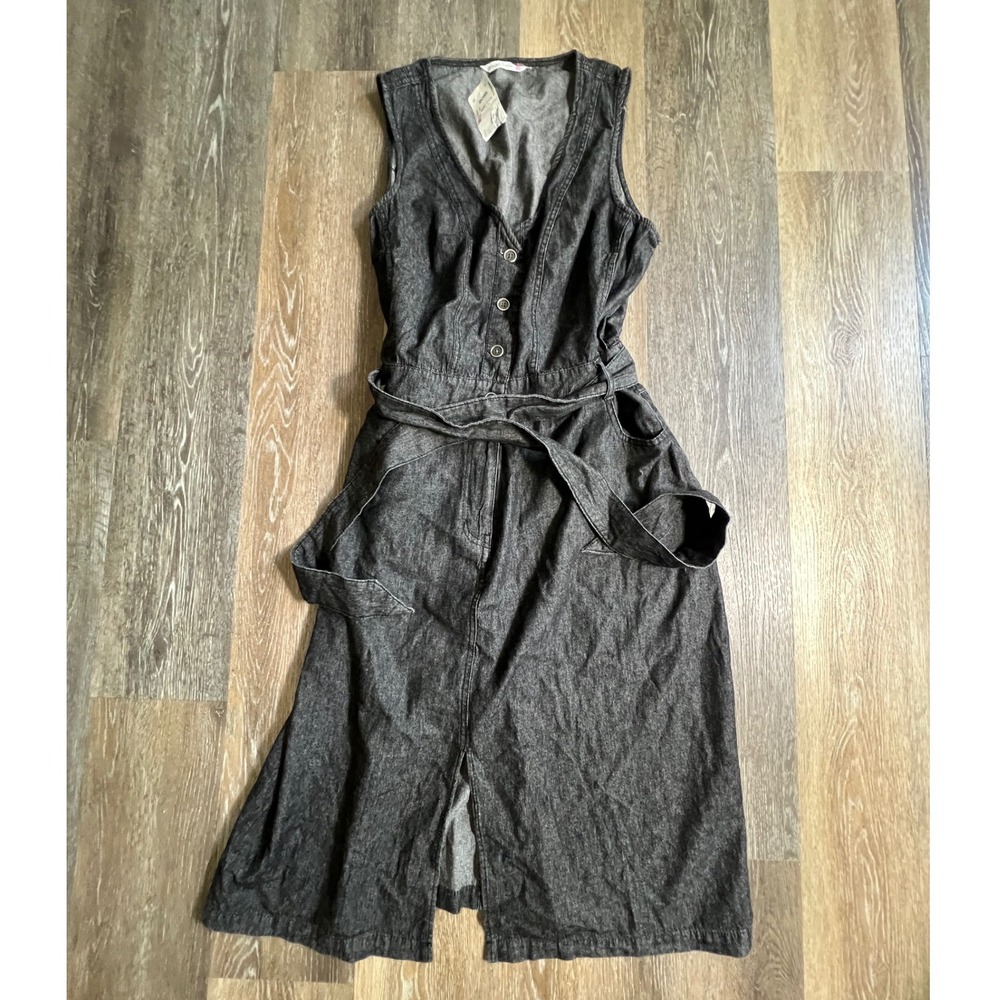 Given Kale Denim Dress Womens 1X Black Sleeveless Button Front Belted Midi